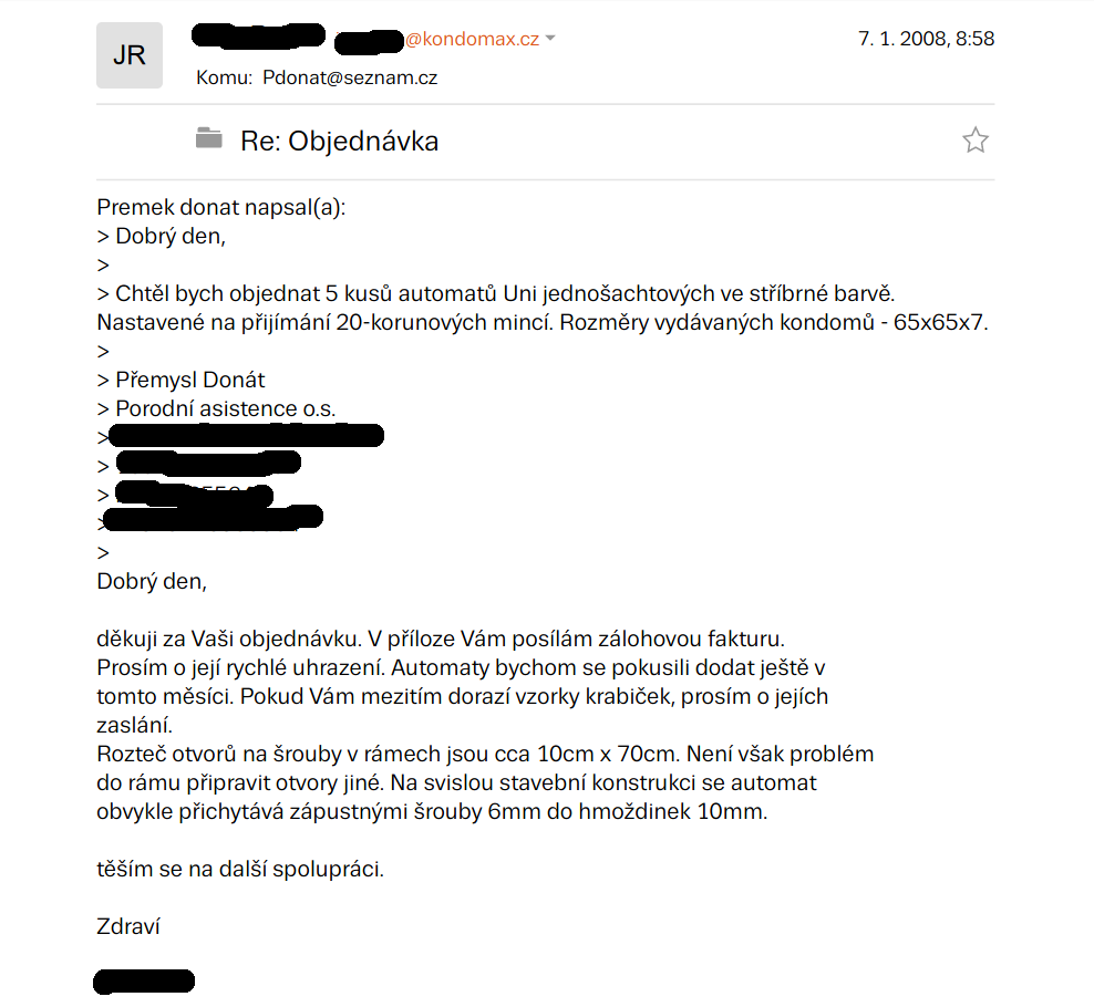 Screenshot emailu s objednávkou pěti automatů